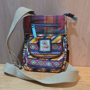 Lily Bloom Multicolor Aztec Print Crossbody with Tan Strap